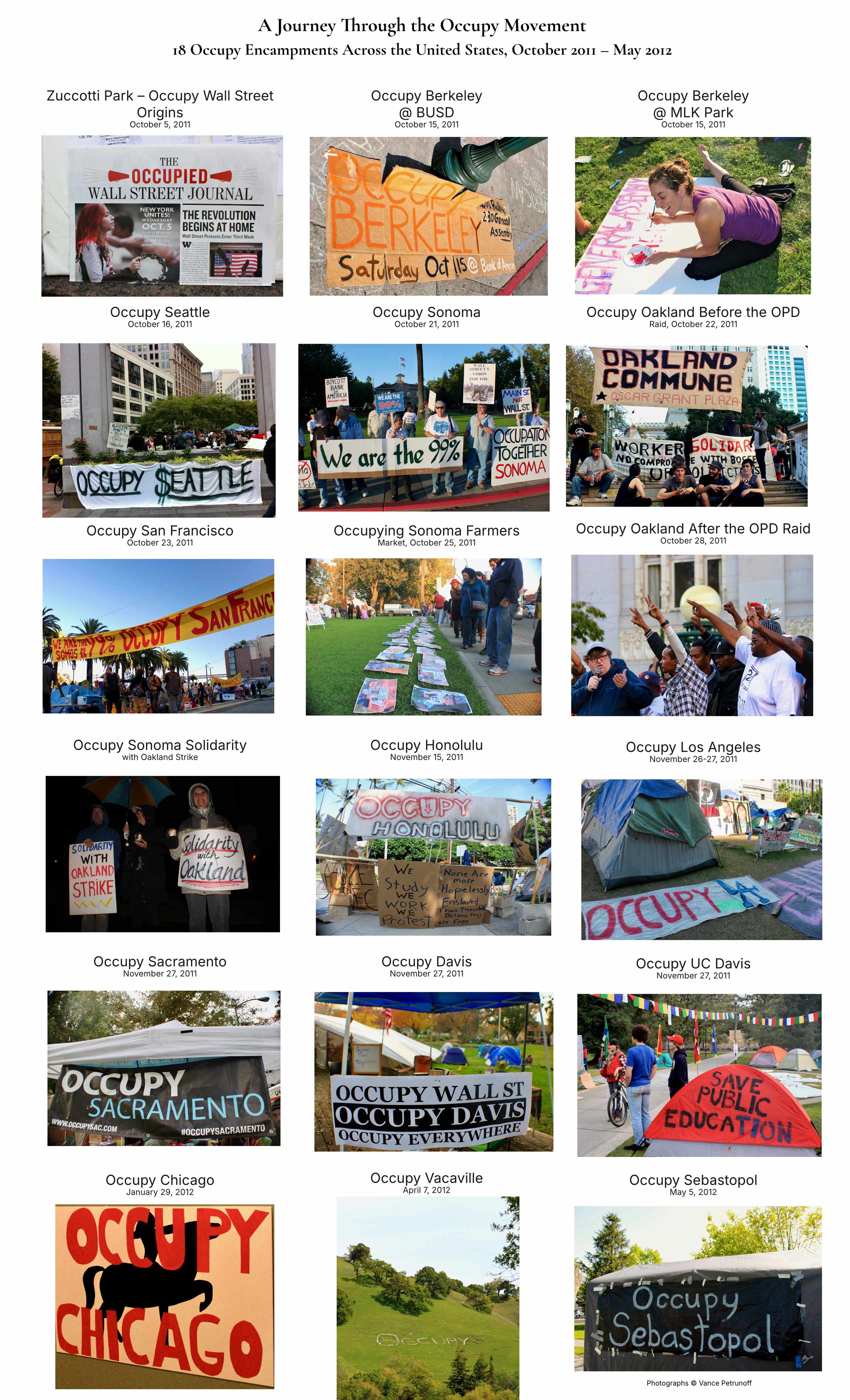 A chronological overview of 18 Occupy encampments photographed by Vance Petrunoff between October 2011 and May 2012